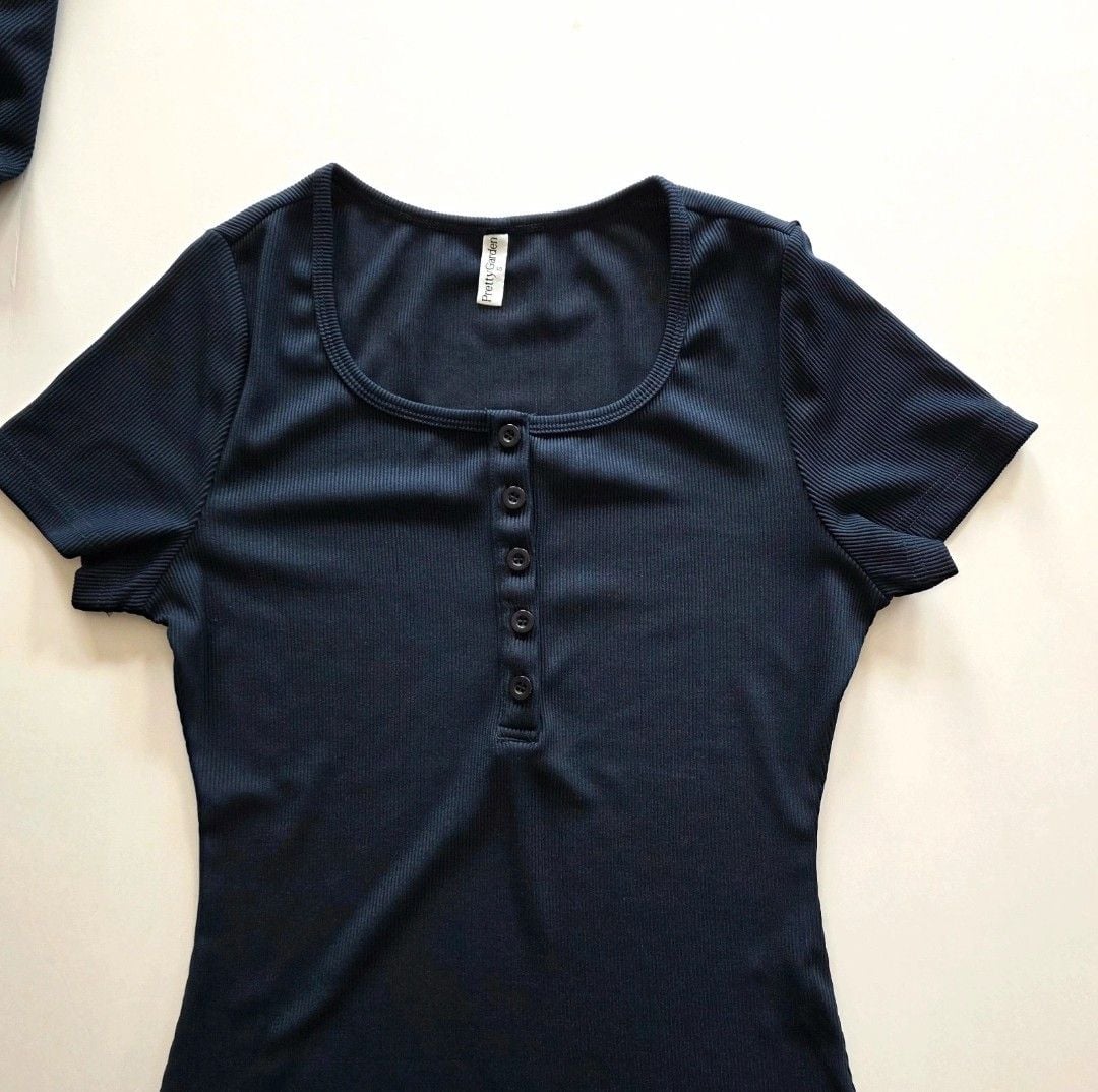 PrettyGarden Loungewear Set Size S Navy Ribbed Short Sleeve Henley Shorts 3