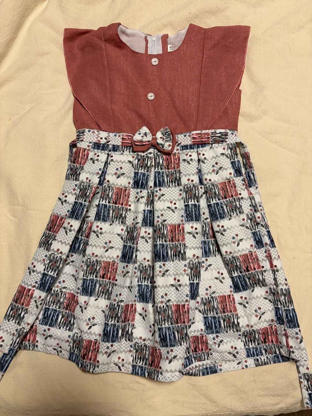 ZULAK Girls Dress Size 24 Red Blue Patchwork Cherry Print 2