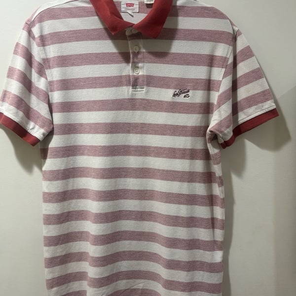 Levi’s Men’s Red Cream Striped Piqué Polo Shirt Logo Size Medium