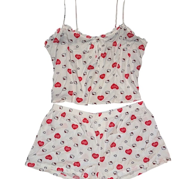 Hello Kitty Pajama Set Size XL White Heart Print