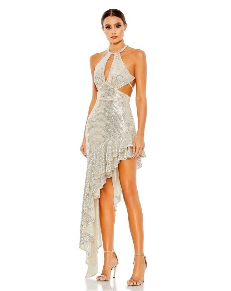 Ieena for Mac Duggal Sequin Ruffle Halter Gown Size 4 Nude NWT 2
