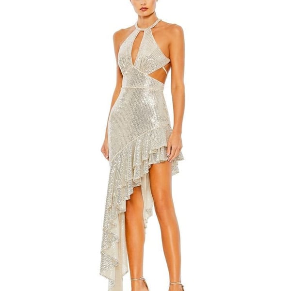Ieena for Mac Duggal Sequin Ruffle Halter Gown Size 4 Nude NWT 