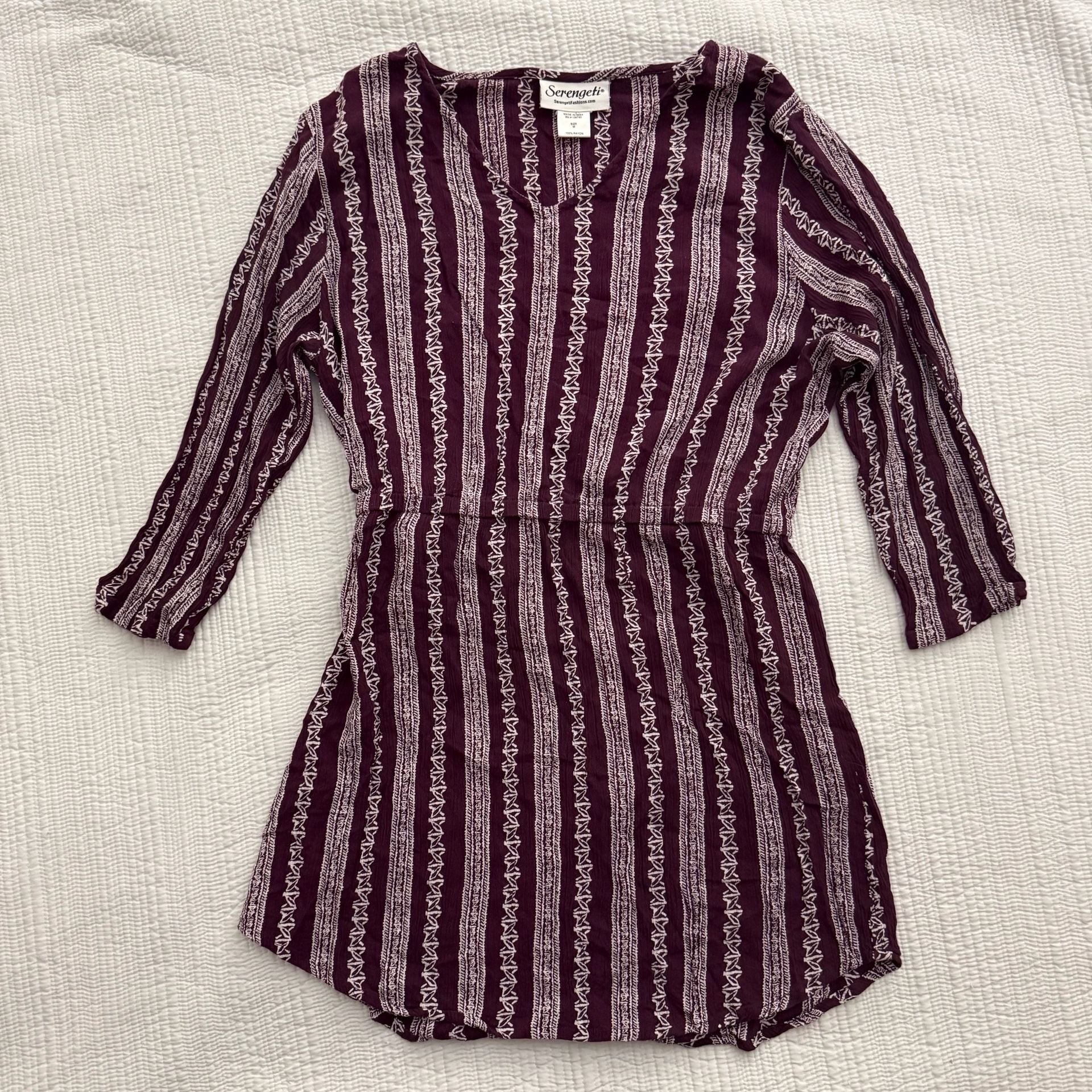 Serengeti Burgundy Boho Striped Tunic Dress Women’s Med 100% Rayon Fall Autumn 7