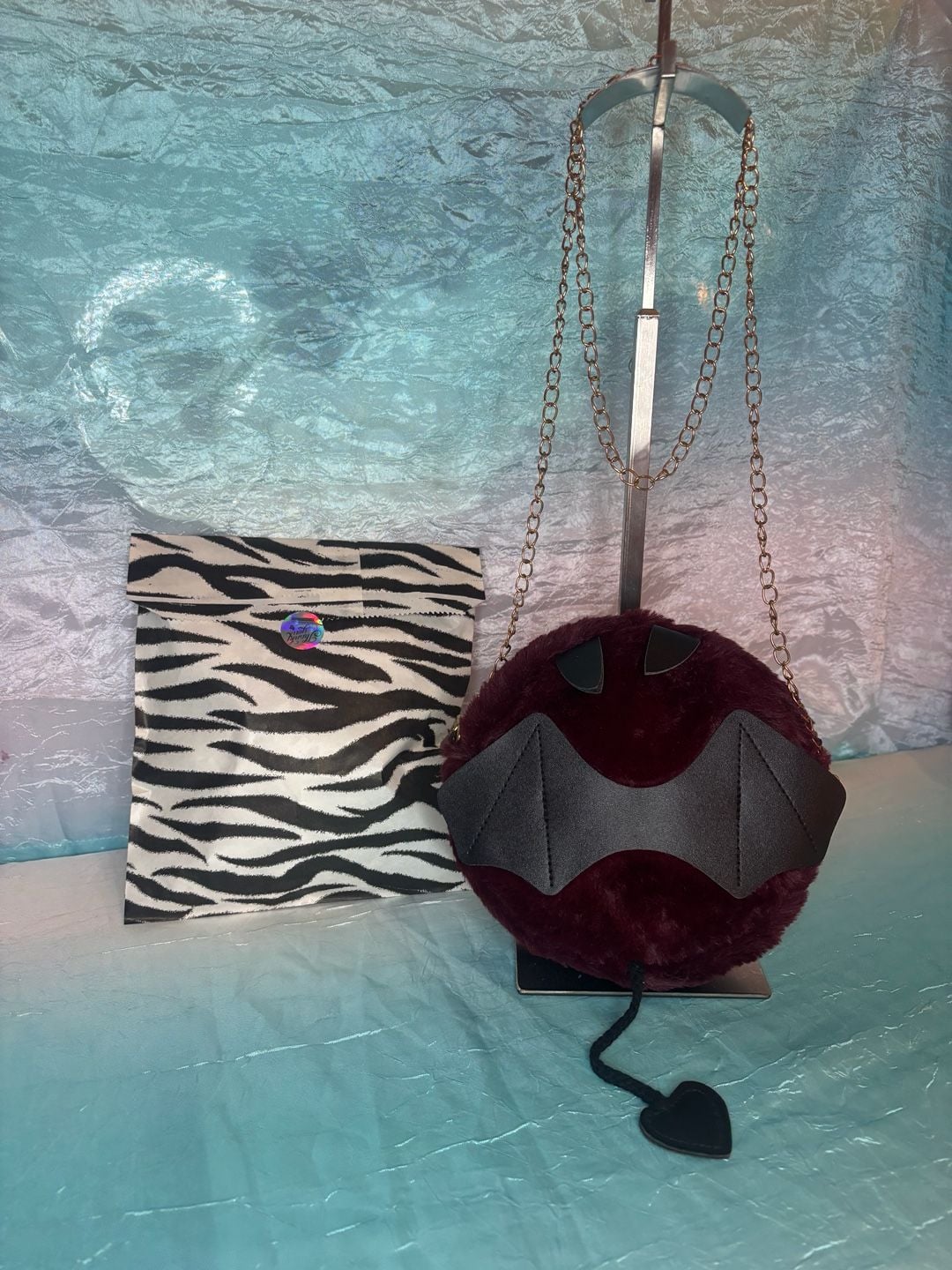 Burgundy Faux Fur Bat Crossbody Bag Chain w/ mystery bag of fun accessories! 1