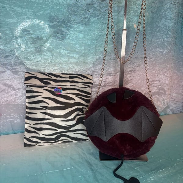 Burgundy Faux Fur Bat Crossbody Bag Chain w/ mystery bag of fun accessories!
