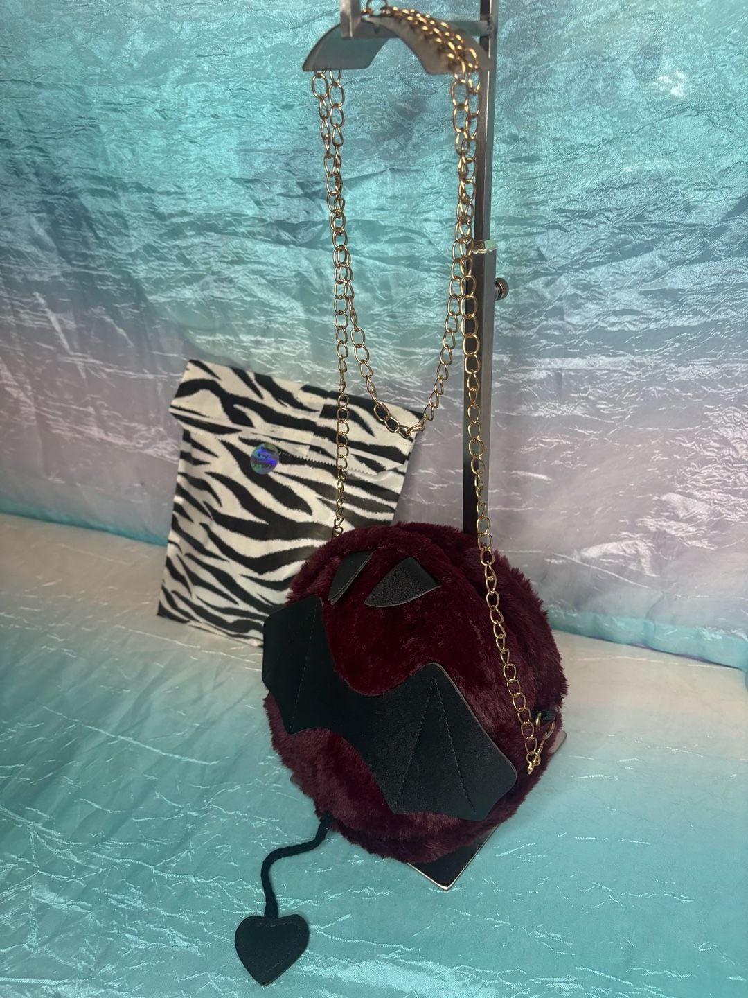 Burgundy Faux Fur Bat Crossbody Bag Chain w/ mystery bag of fun accessories! 2