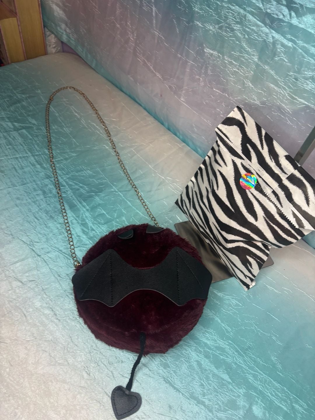 Burgundy Faux Fur Bat Crossbody Bag Chain w/ mystery bag of fun accessories! 3