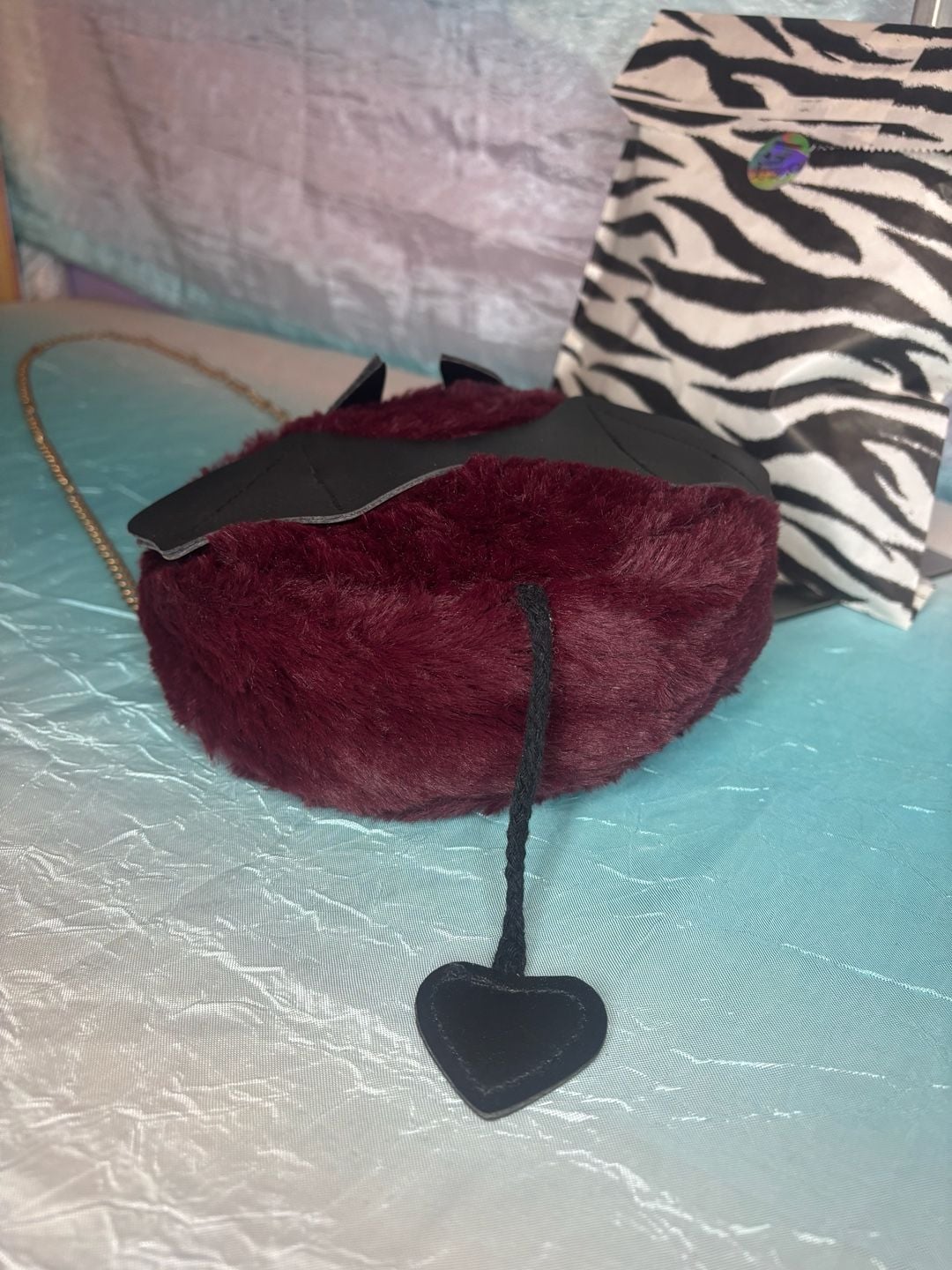 Burgundy Faux Fur Bat Crossbody Bag Chain w/ mystery bag of fun accessories! 4