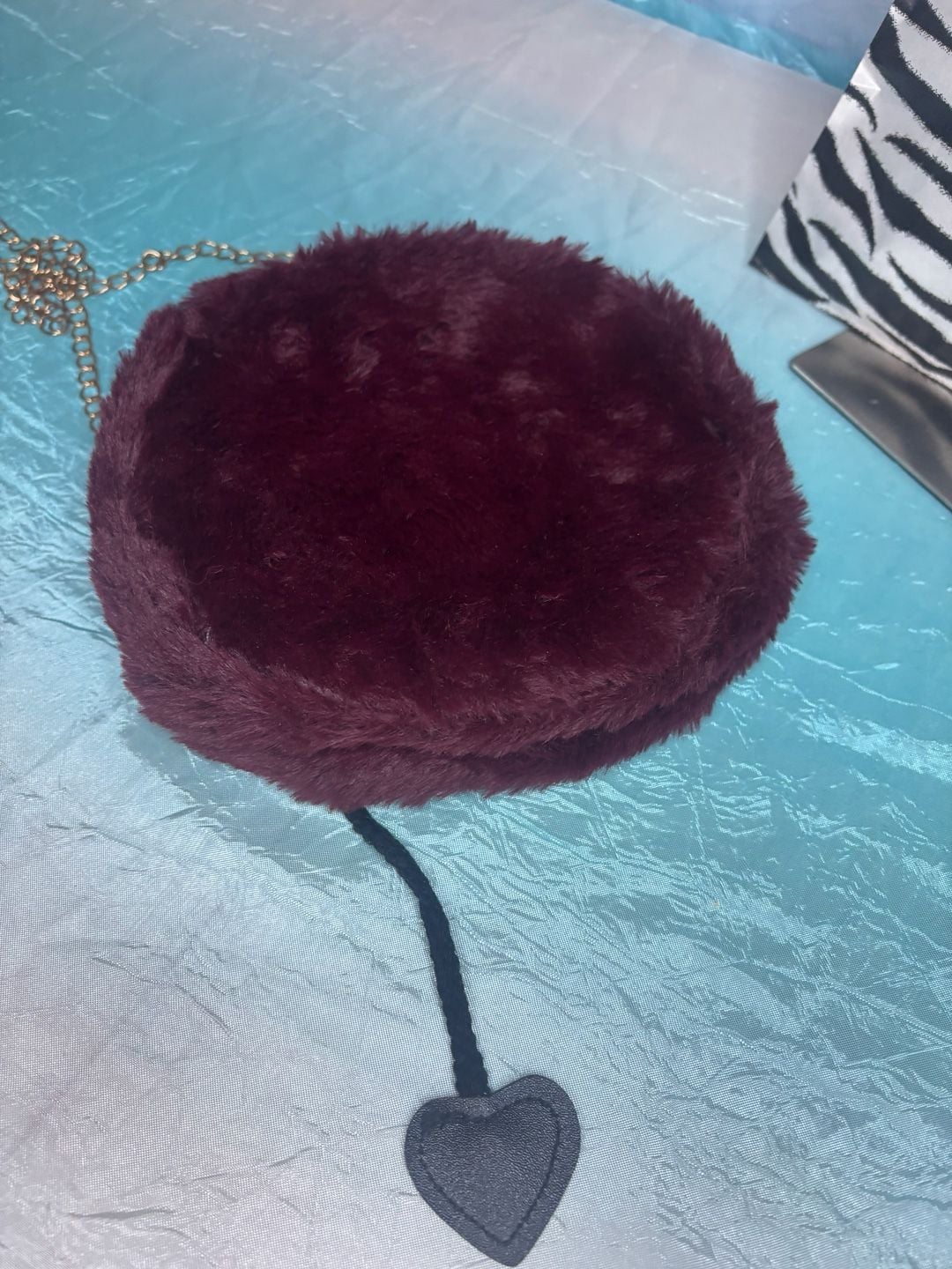 Burgundy Faux Fur Bat Crossbody Bag Chain w/ mystery bag of fun accessories! 5