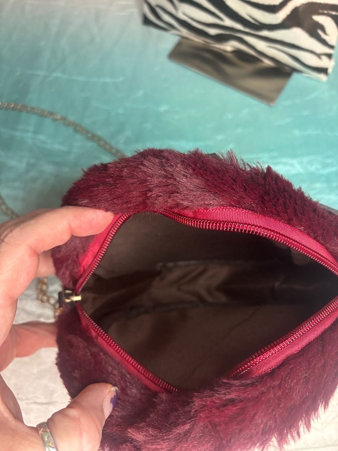 Burgundy Faux Fur Bat Crossbody Bag Chain w/ mystery bag of fun accessories! 6