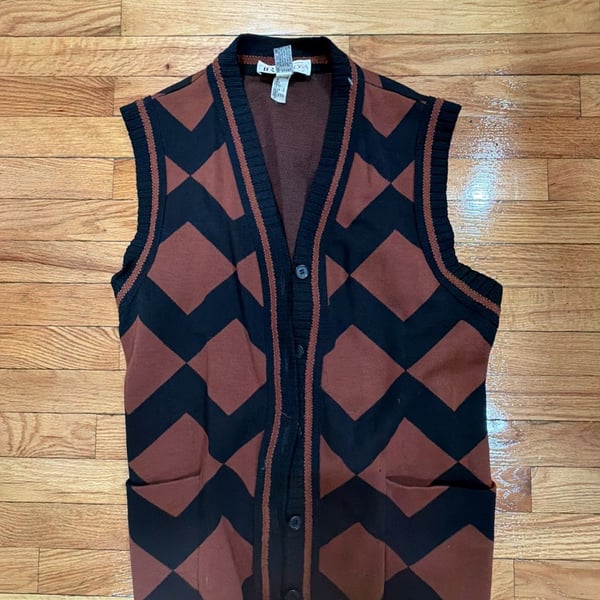 Tricosa Paris Vintage Wool Argyle Knit Button Vest Brown Black