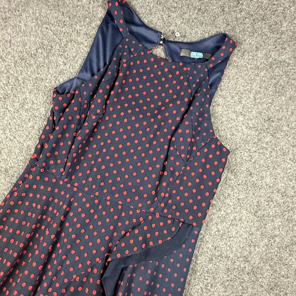 Eva Franco Sleeveless Ruffle Dress Size 6 Navy Blue Red Polka Dot