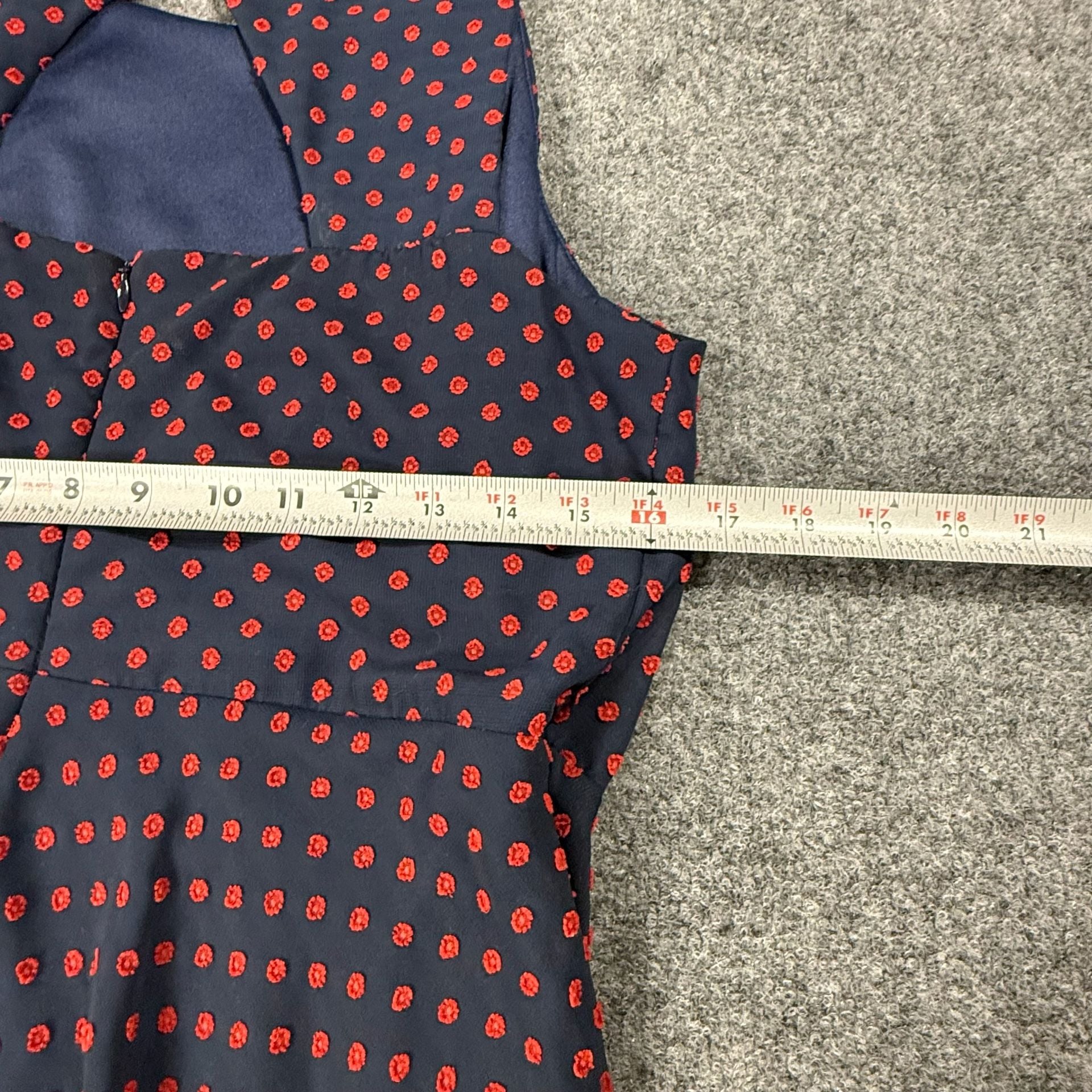 Eva Franco Sleeveless Ruffle Dress Size 6 Navy Blue Red Polka Dot 7