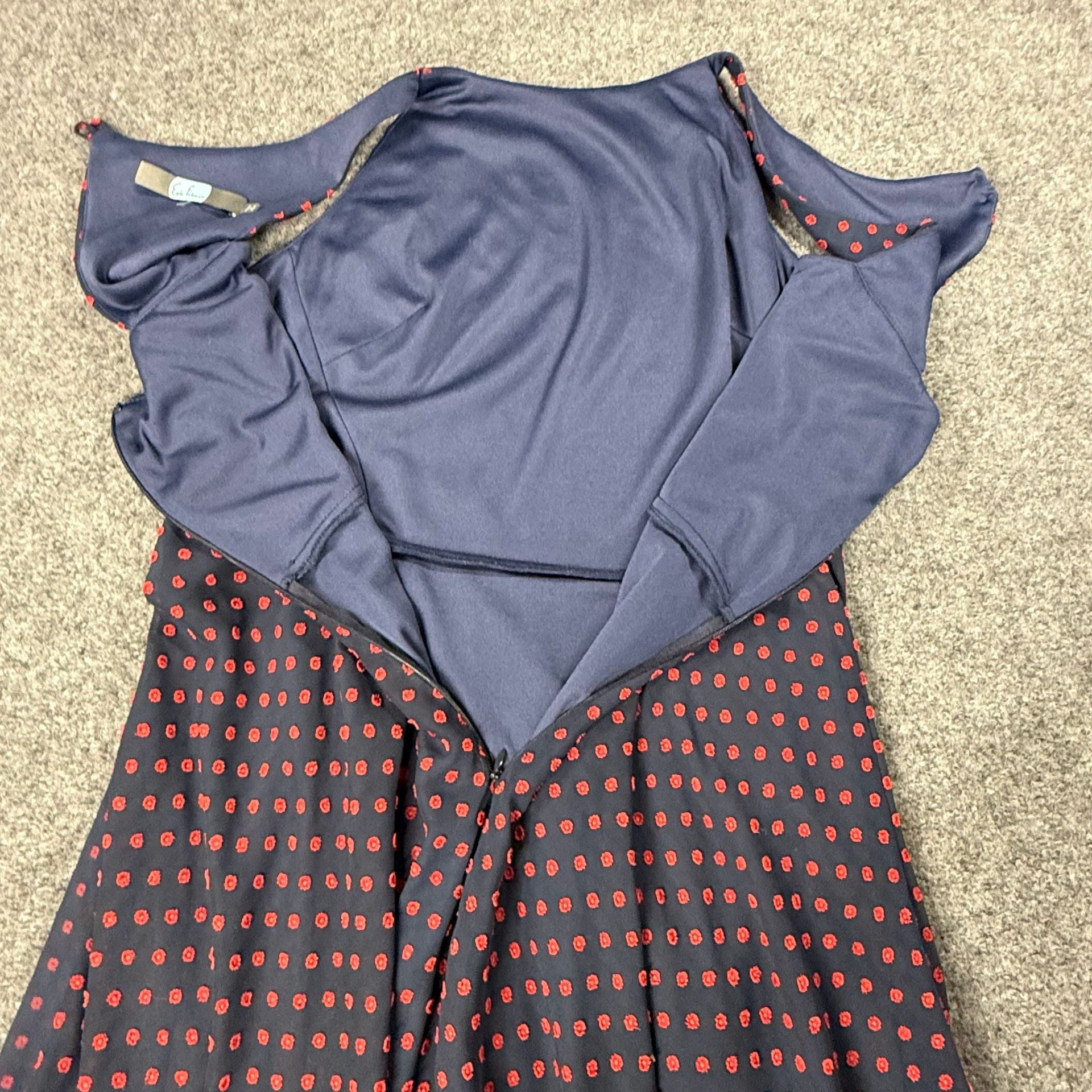 Eva Franco Sleeveless Ruffle Dress Size 6 Navy Blue Red Polka Dot 8