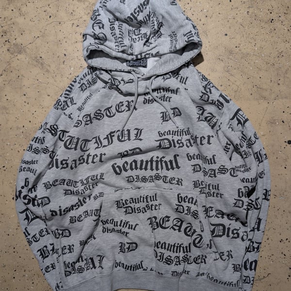 Beautiful Disaster Hoodie Size XL Grey All Over Print Spell Out Gothic