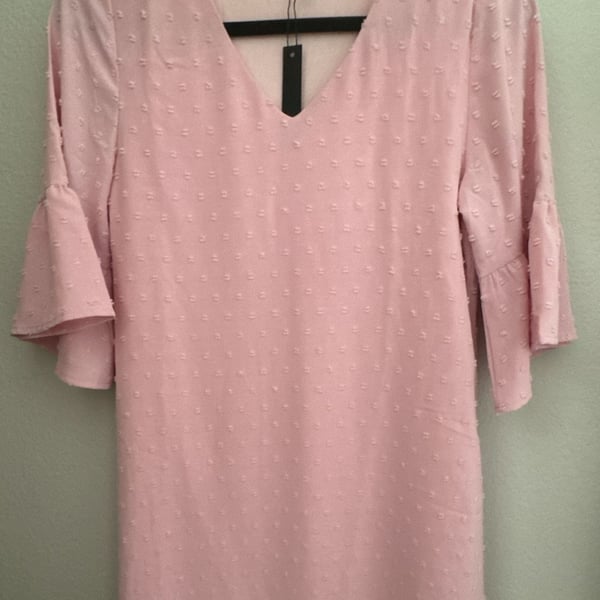 Gracyoga Swiss Dot Dress Size S Pink V-Neck Bell Sleeve Mini Dress