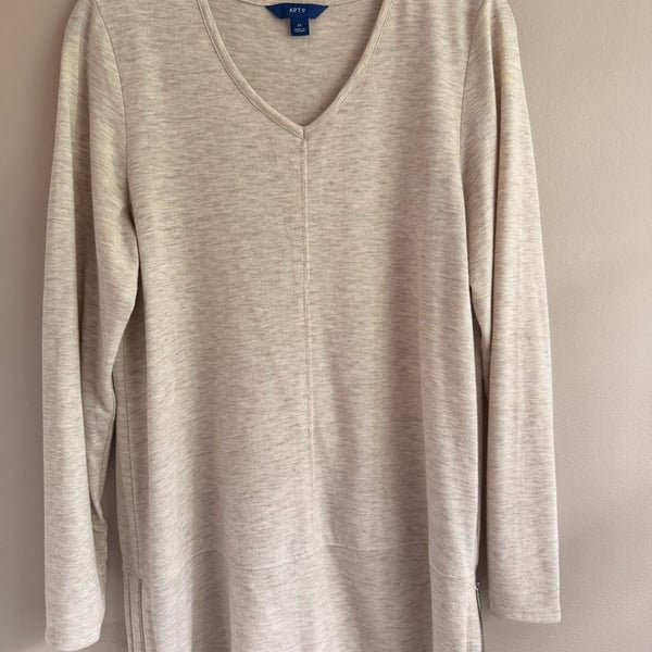 Apt. 9 Ladies Long Sleeve V-Neck Top Size M Heather Beige Zipper Sides