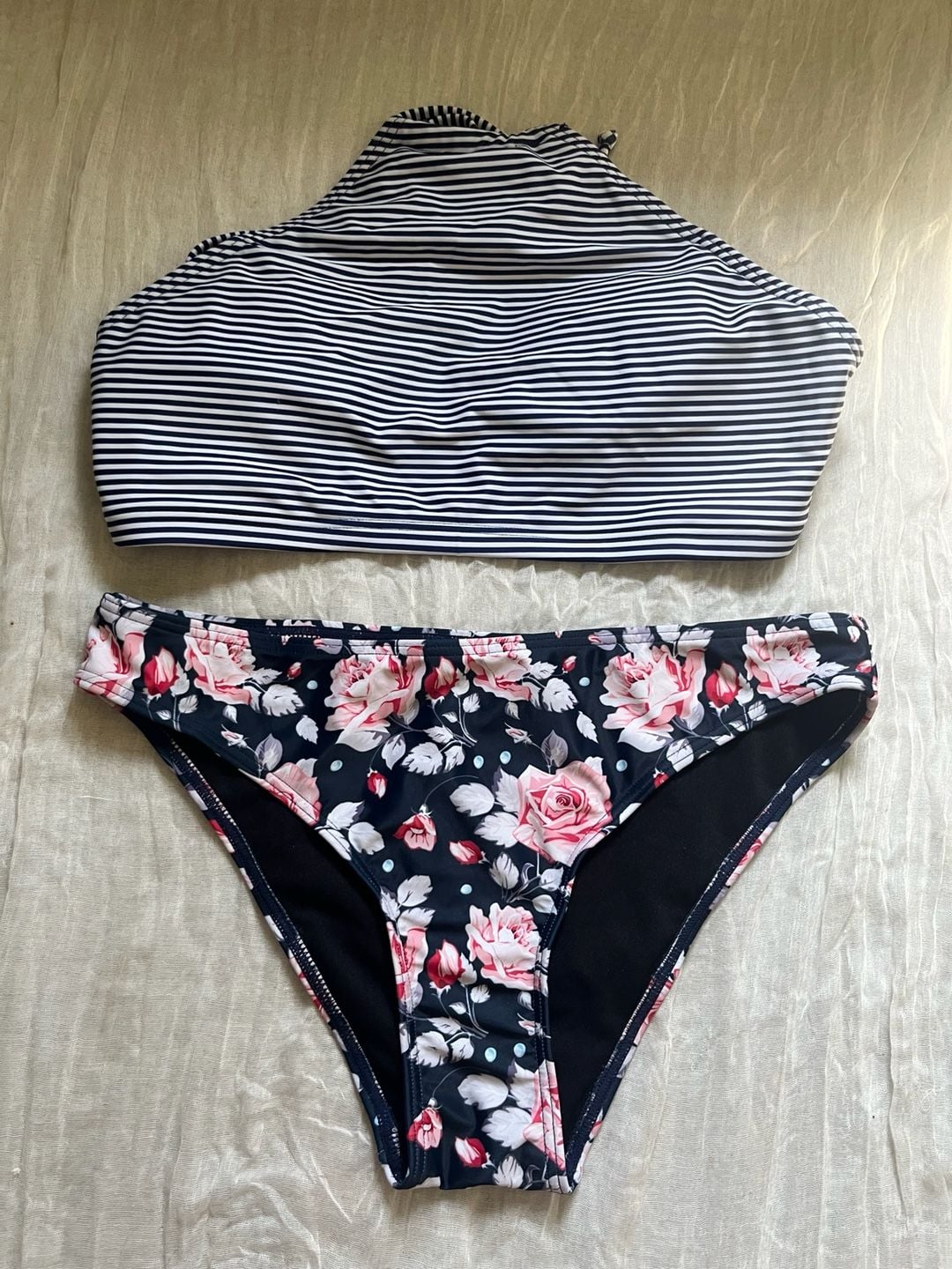 Two-Piece Bikini Swimsuit Size M Striped Floral High Neck 1