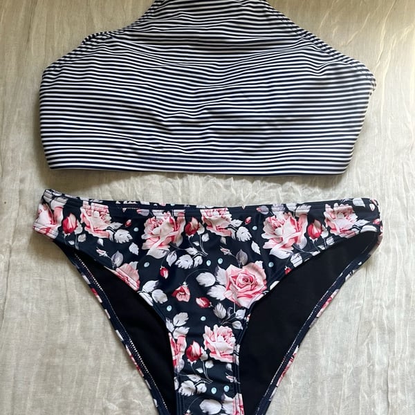 Two-Piece Bikini Swimsuit Size M Striped Floral High Neck