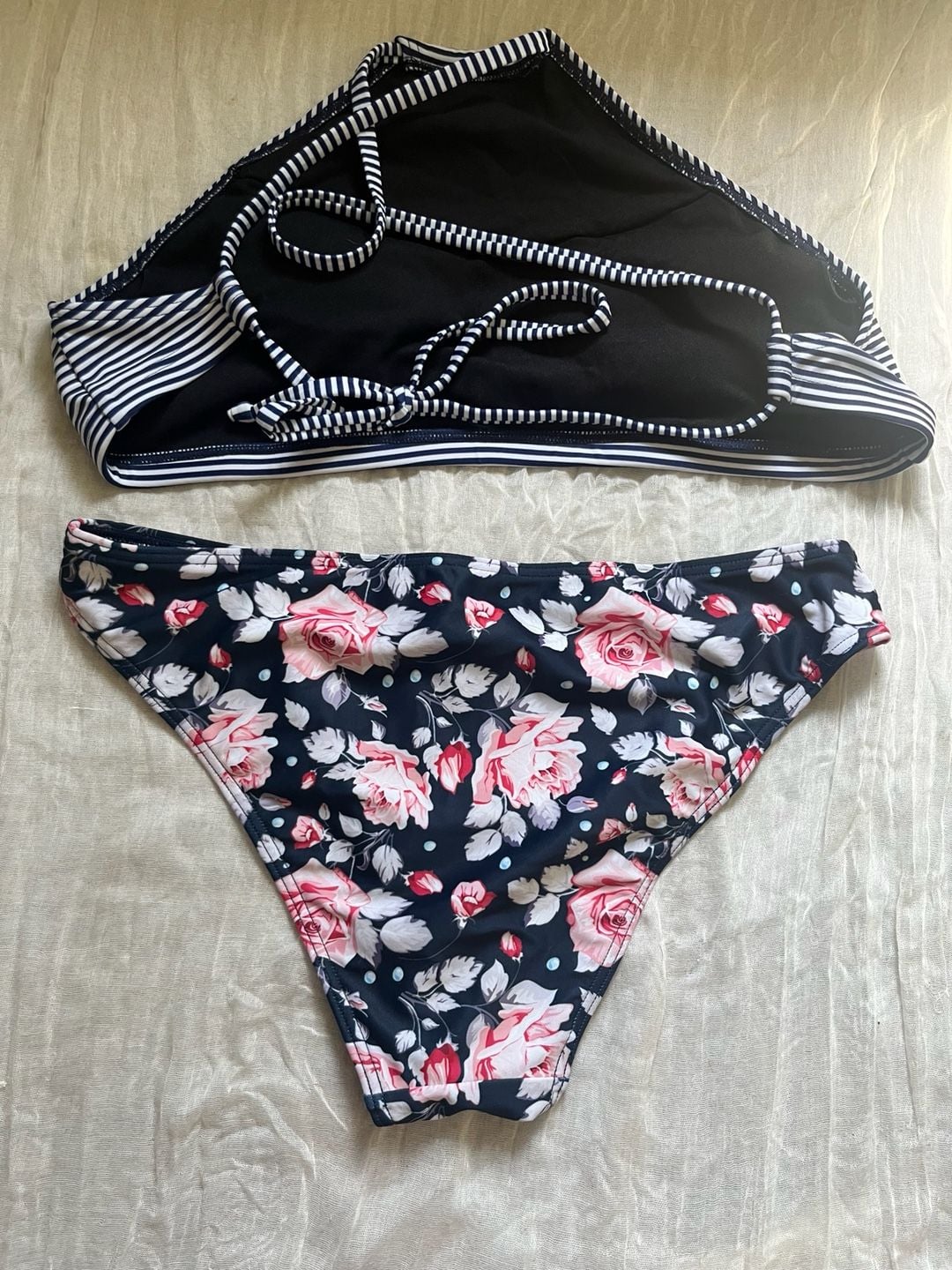 Two-Piece Bikini Swimsuit Size M Striped Floral High Neck 2
