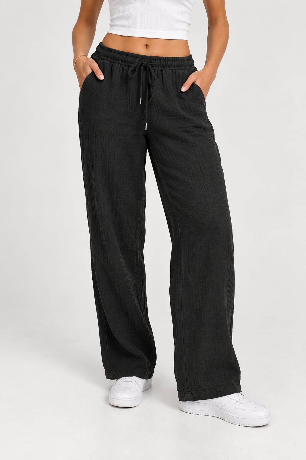 Quince Pants Size L Black Textured Drawstring Wide Leg Casual 2