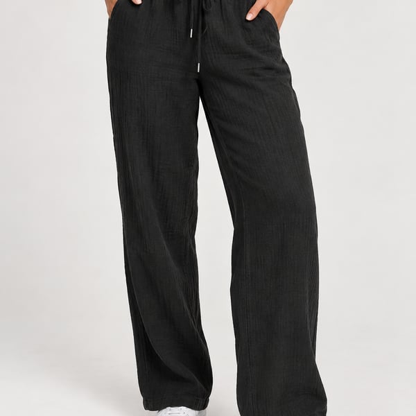 Quince Pants Size L Black Textured Drawstring Wide Leg Casual