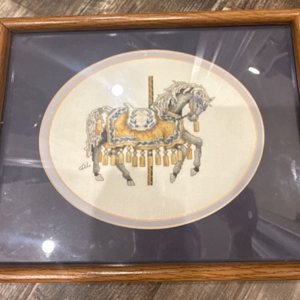 Teresa Wentzler Framed Cross Stitch Carousel Horse Art