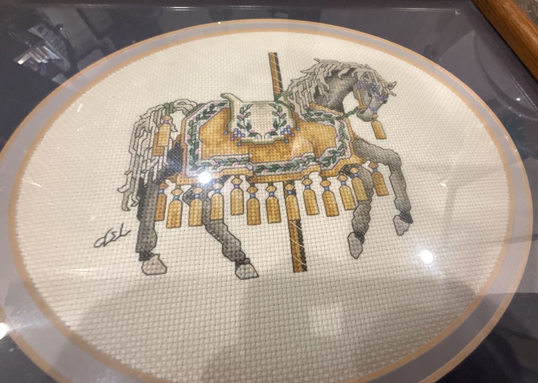 Teresa Wentzler Framed Cross Stitch Carousel Horse Art 3