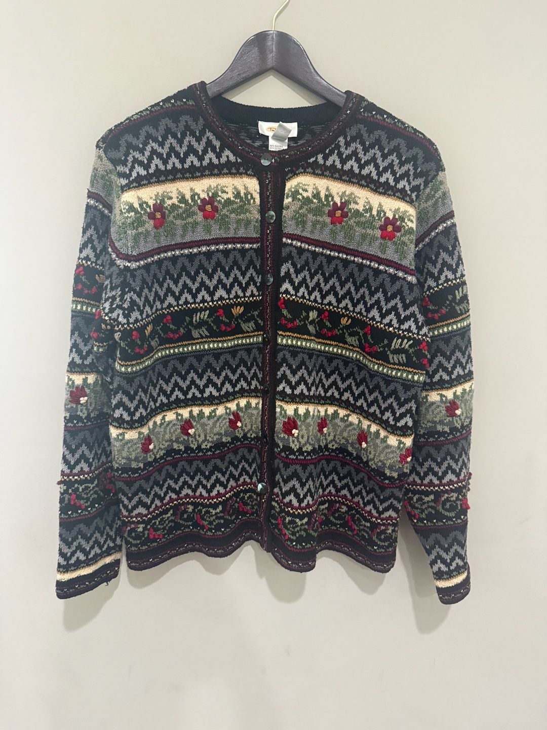 Talbots Cardigan Sweater Size L Black Grandma Floral Embroidered Silk Blend 2