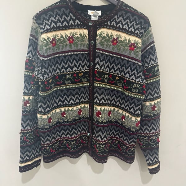 Talbots Cardigan Sweater Size L Black Grandma Floral Embroidered Silk Blend
