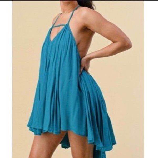 American Threads Halter Mini Dress Teal Backless High Low