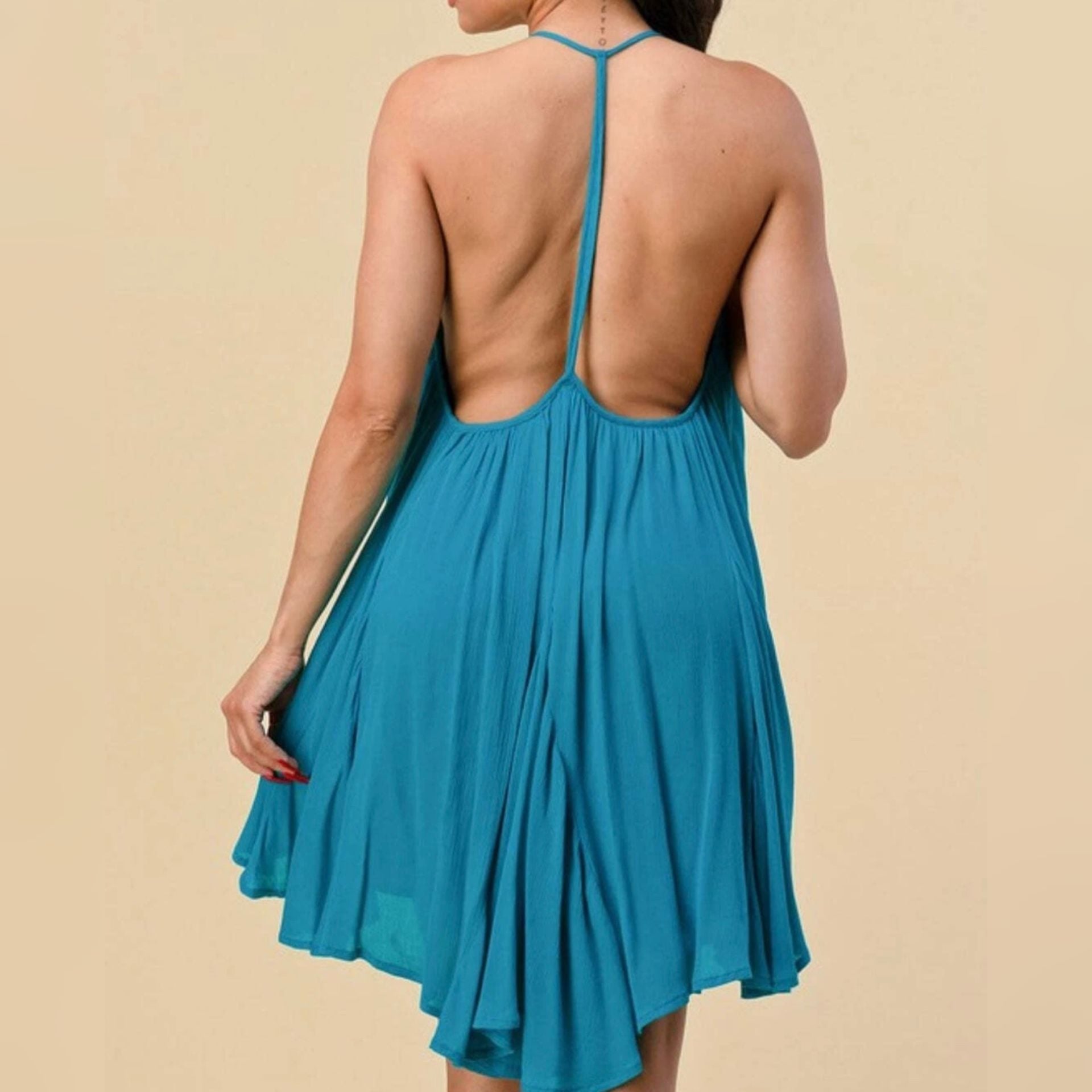 American Threads Halter Mini Dress Teal Backless High Low 3