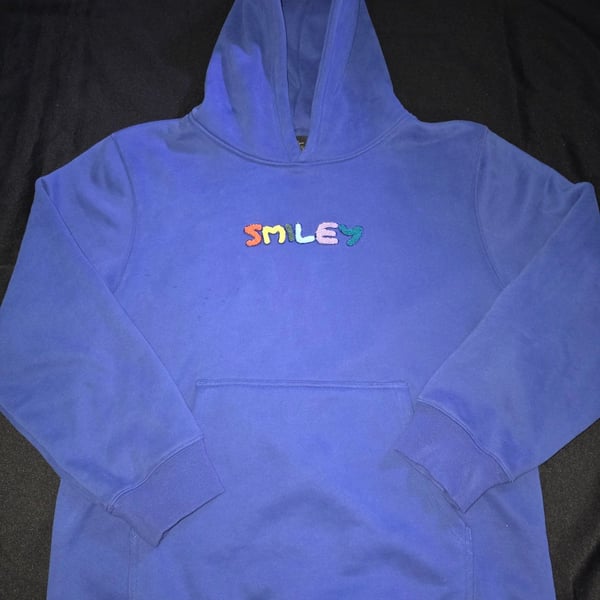 Samii Ryan Smiley Chenille Hoodie Size M Blue Embroidered Graphic