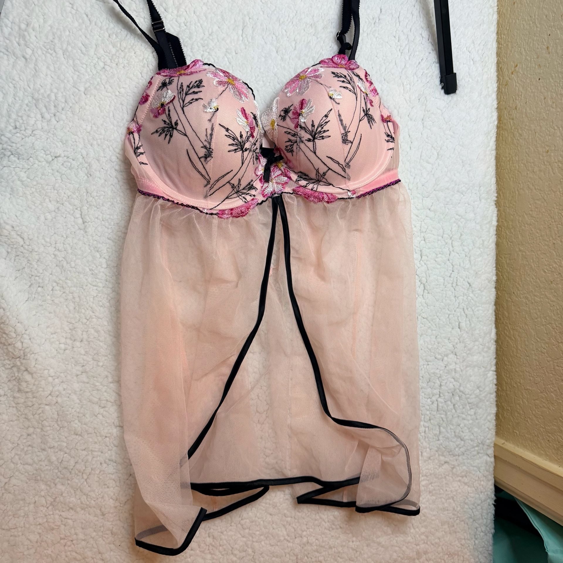 Victoria's Secret Babydoll Size 34D Pink Floral Mesh Slip Lingerie 2
