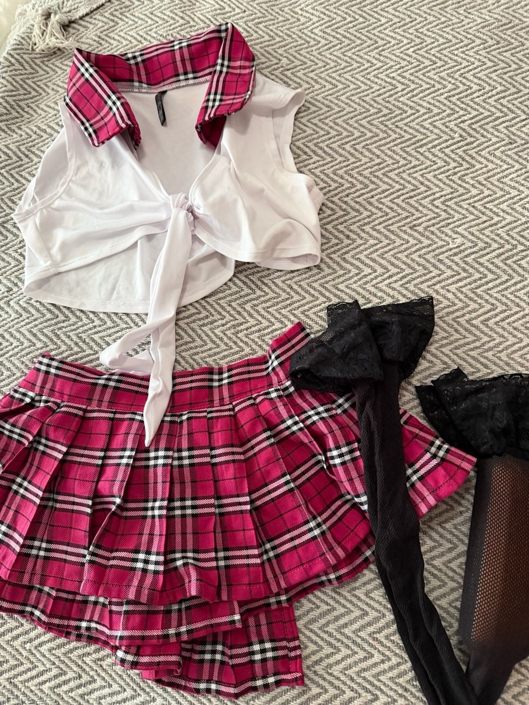 Body Rage Schoolgirl Costume Set One Size Pink Plaid Skirt Top 1