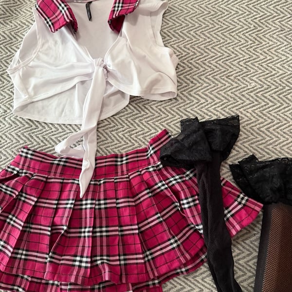 Body Rage Schoolgirl Costume Set One Size Pink Plaid Skirt Top