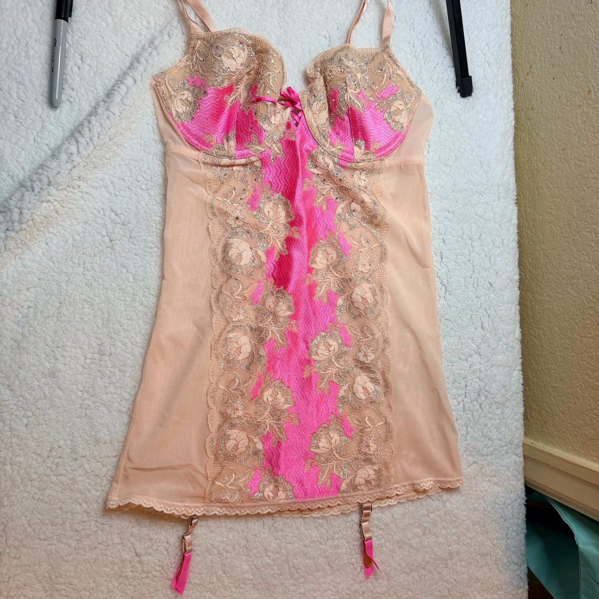 Victoria's Secret Lace Babydoll Slip Size 34C Pink Mesh Garter Dress 2