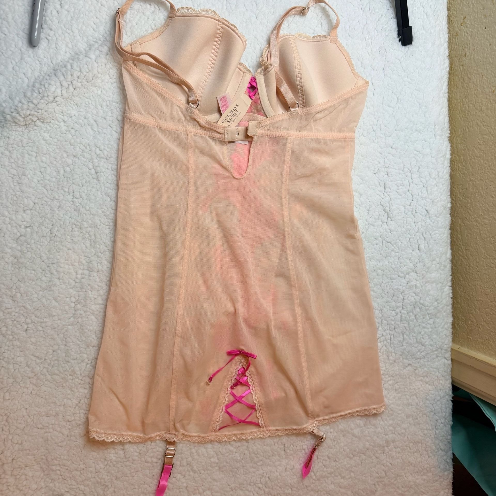 Victoria's Secret Lace Babydoll Slip Size 34C Pink Mesh Garter Dress 3