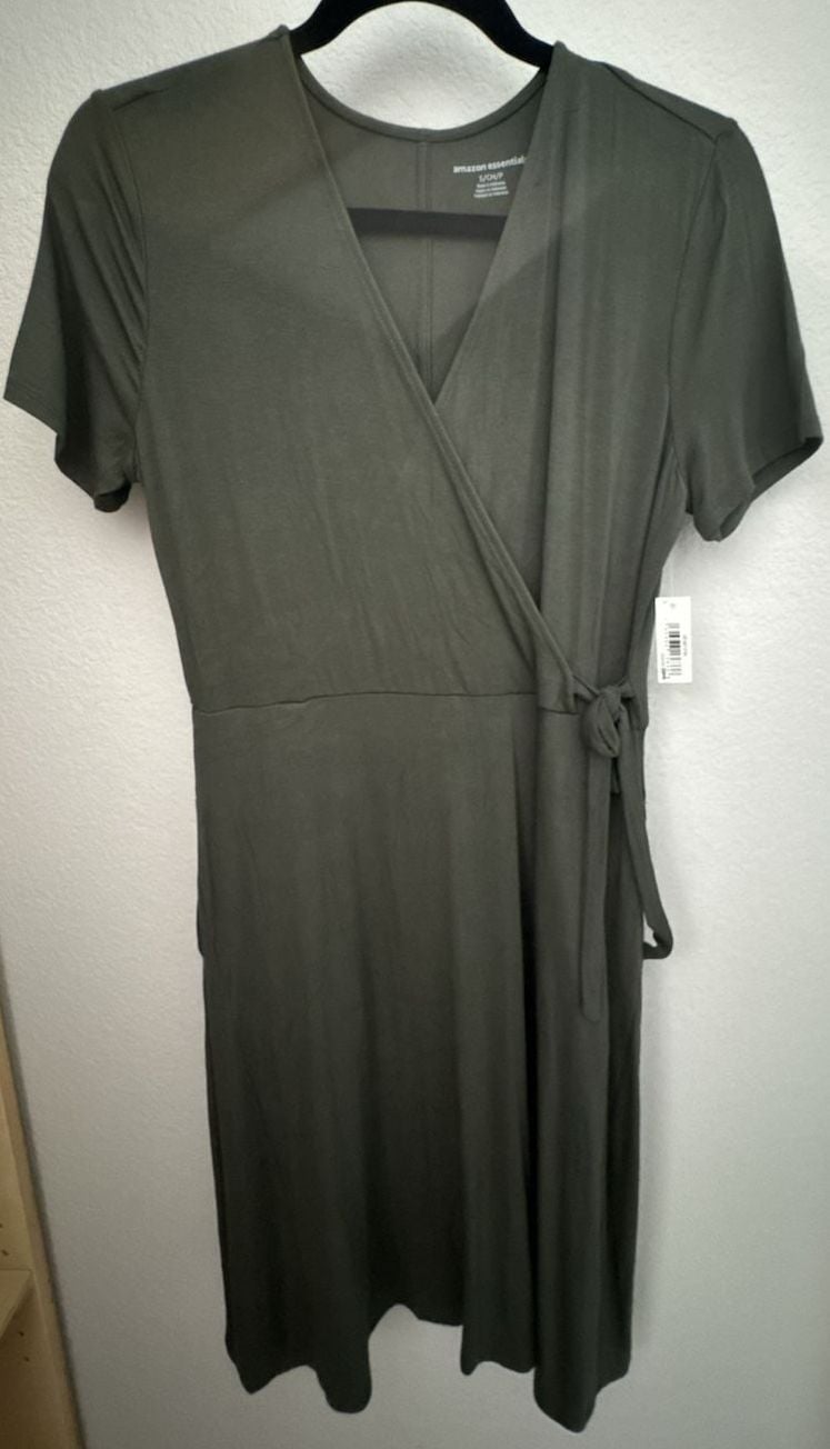 Amazon Essentials Wrap Dress Size S Olive Green Short Sleeve 2