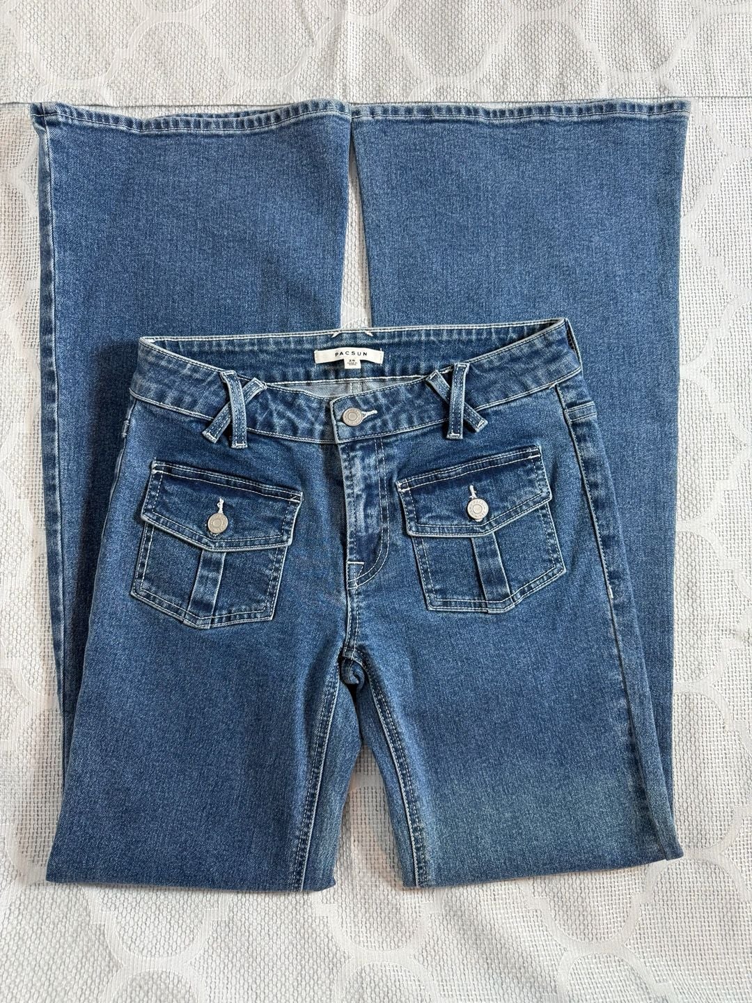 PacSun Y2K Low Rise Flare Jeans Blue Denim Flap Pockets 2