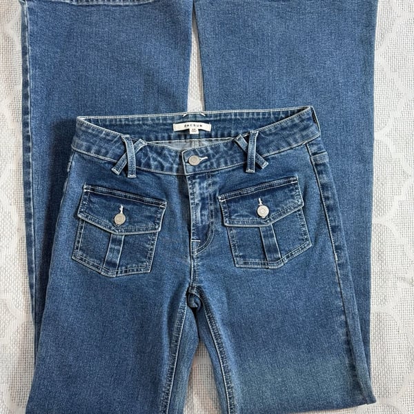 PacSun Y2K Low Rise Flare Jeans Blue Denim Flap Pockets