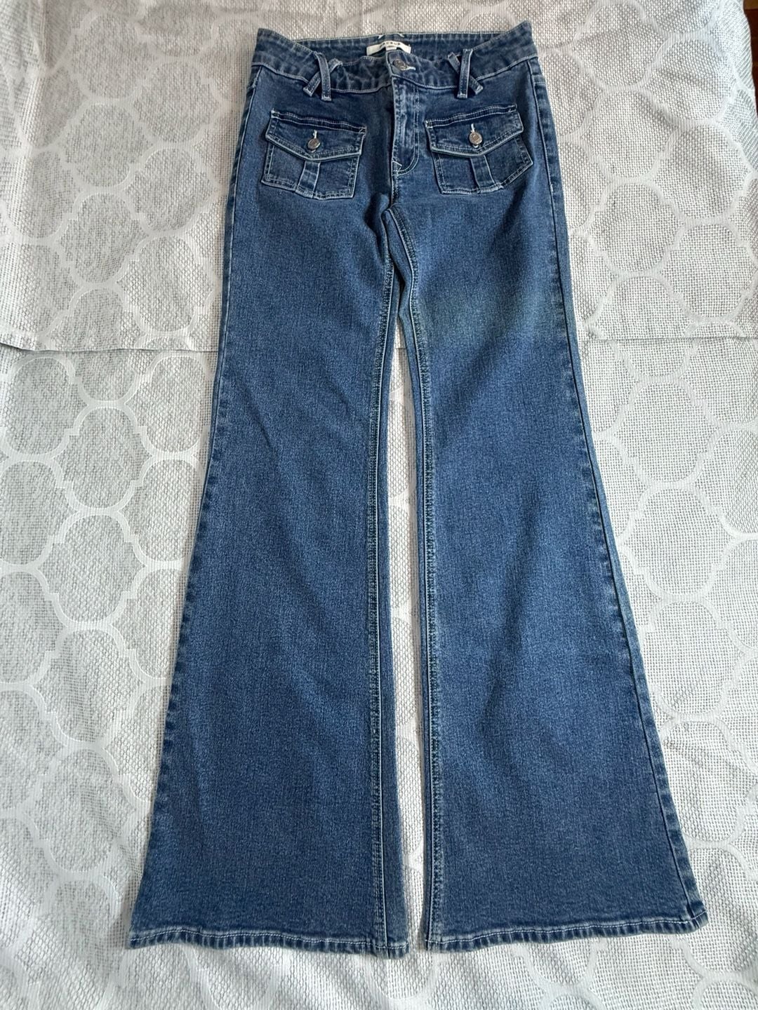 PacSun Y2K Low Rise Flare Jeans Blue Denim Flap Pockets 6