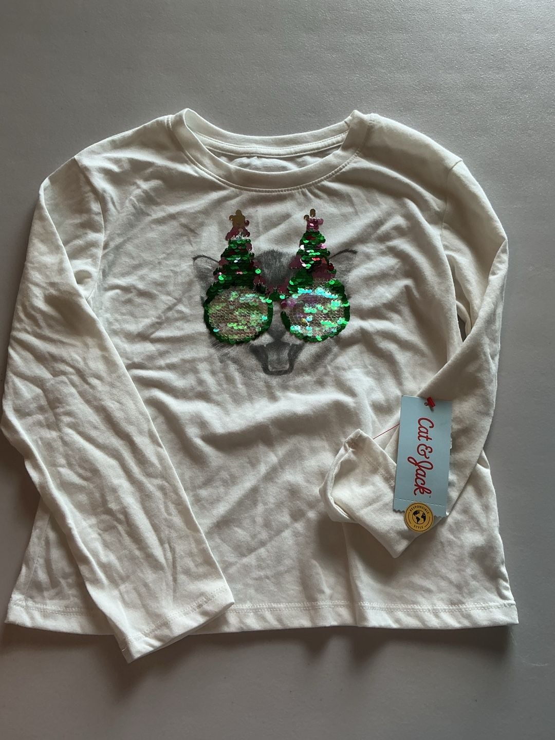 Girls' Long Sleeve 'Christmas Cat' Flip Sequin T-Shirt - Cat & Jack™ Cream M : , 2