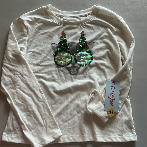 Girls' Long Sleeve 'Christmas Cat' Flip Sequin T-Shirt - Cat & Jack™ Cream M : ,