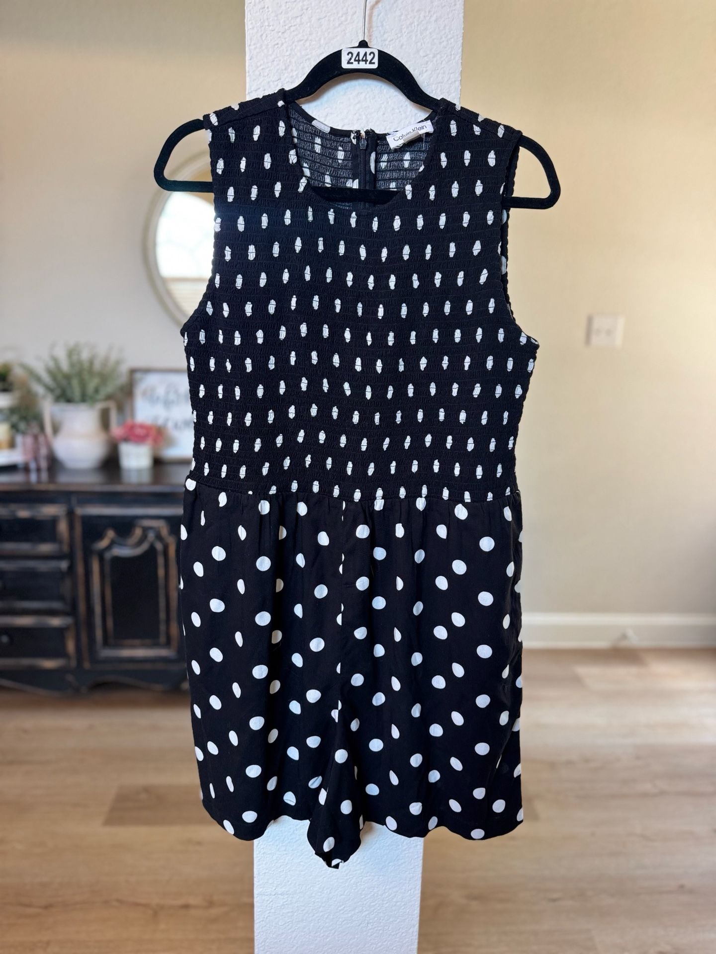 Calvin Klein Polka Dot Smocked Romper Size 14 Black White Sleeveless 2