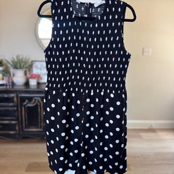 Calvin Klein Polka Dot Smocked Romper Size 14 Black White Sleeveless