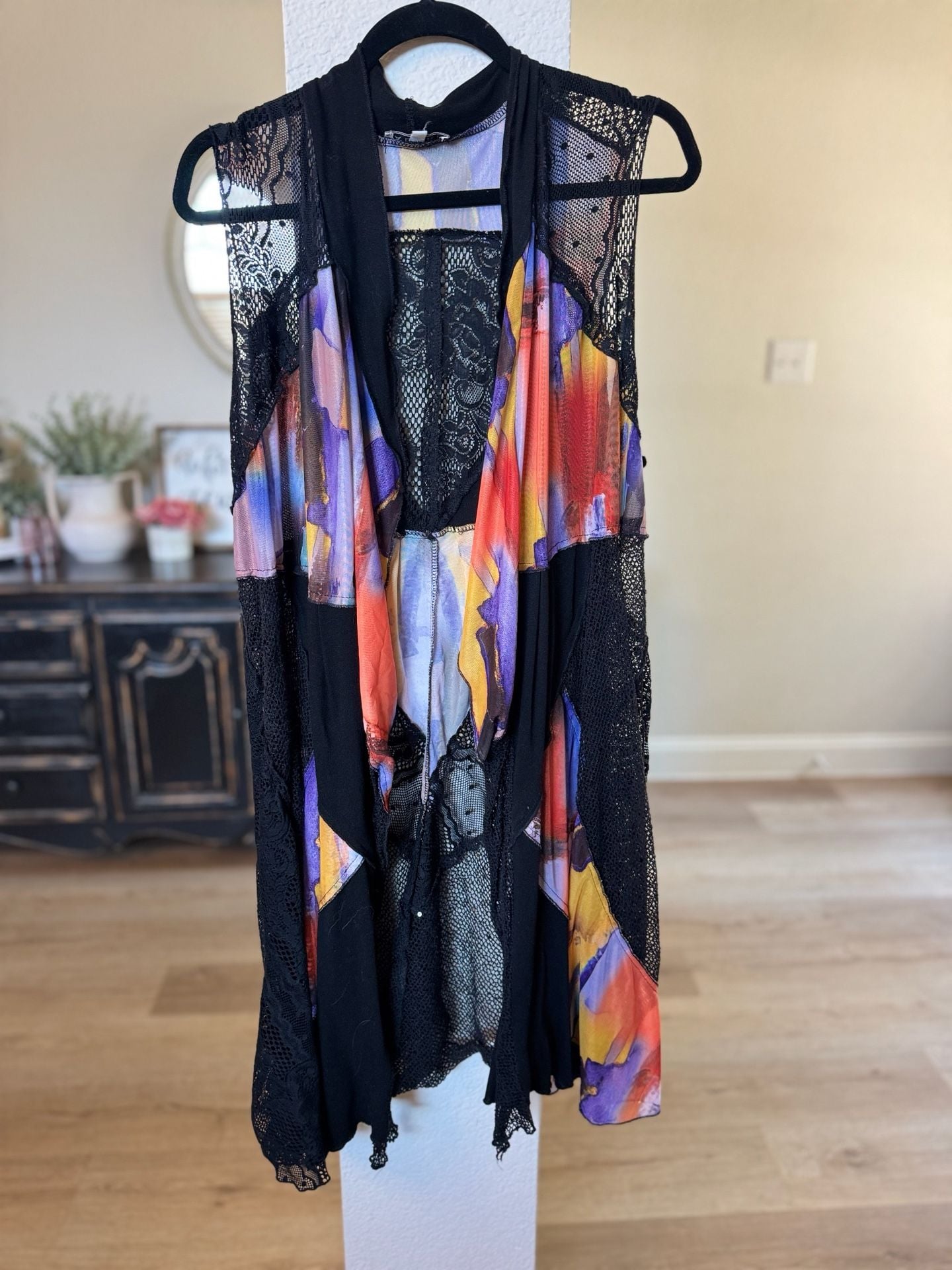Adore Vest Size L Multicolored Abstract Print Lace Trim 2