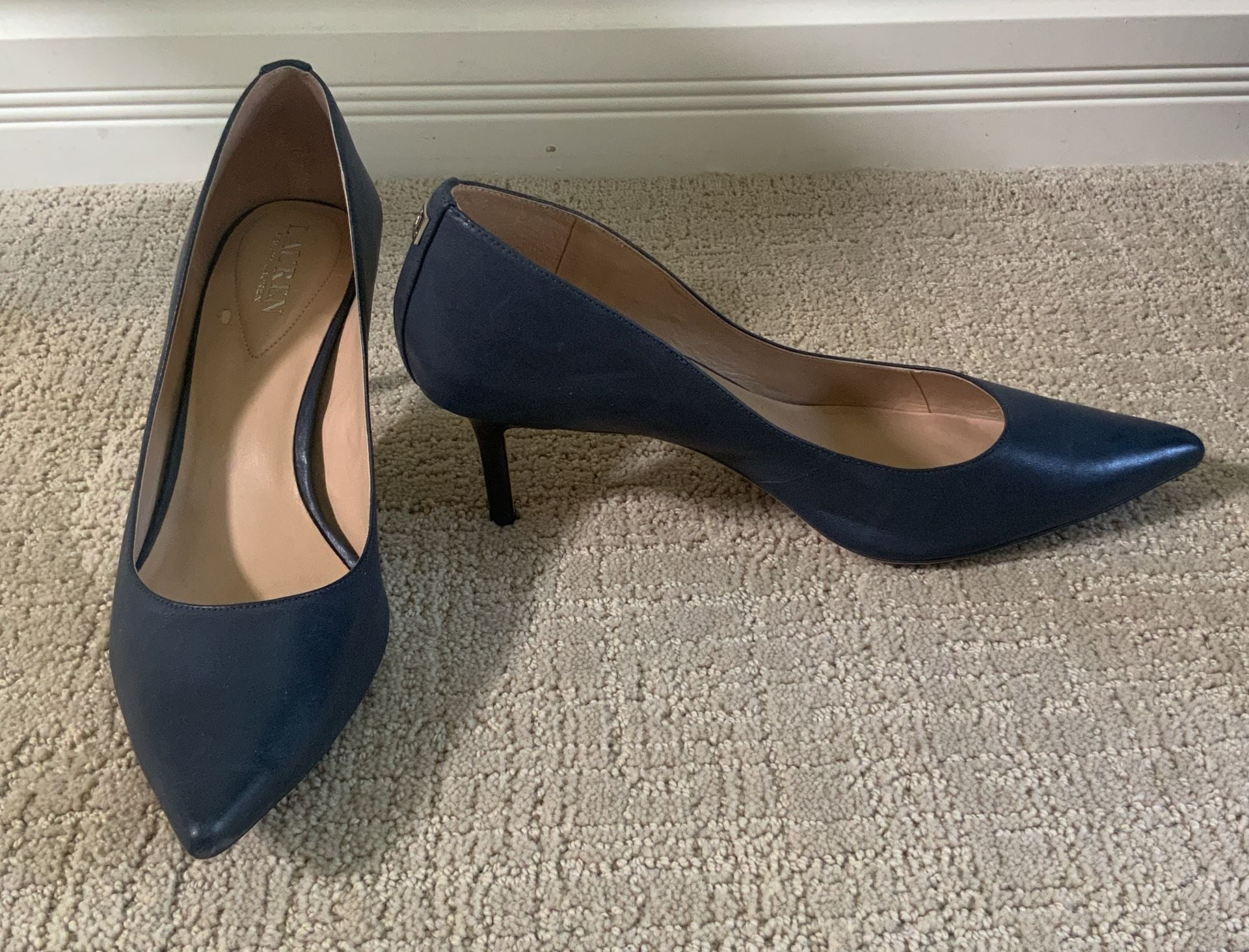Ralph Lauren Pointed Toe Heel Pumps Navy Leather 3