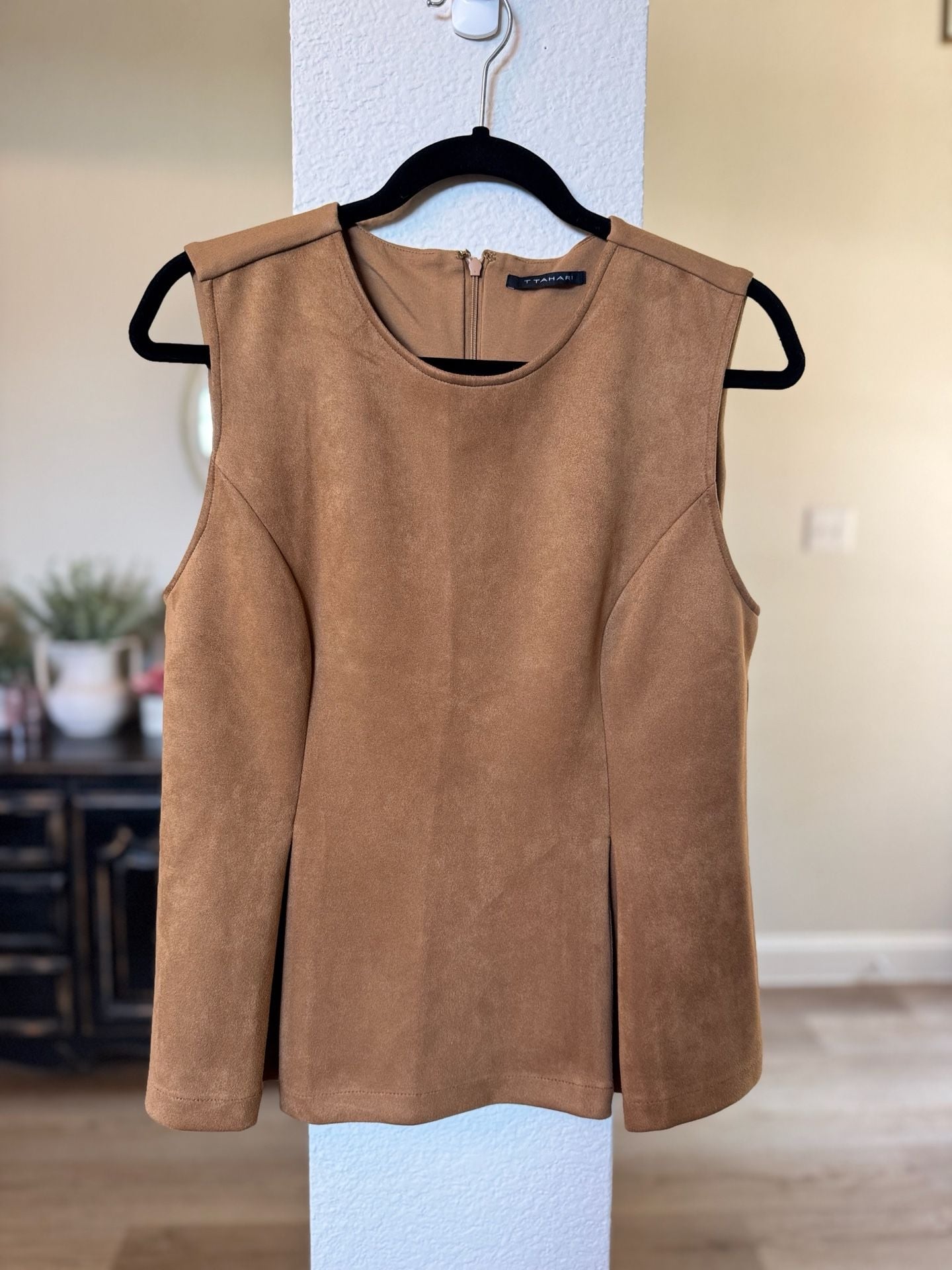 T Tahari Faux Suede Peplum Sleeveless Top Brown 2
