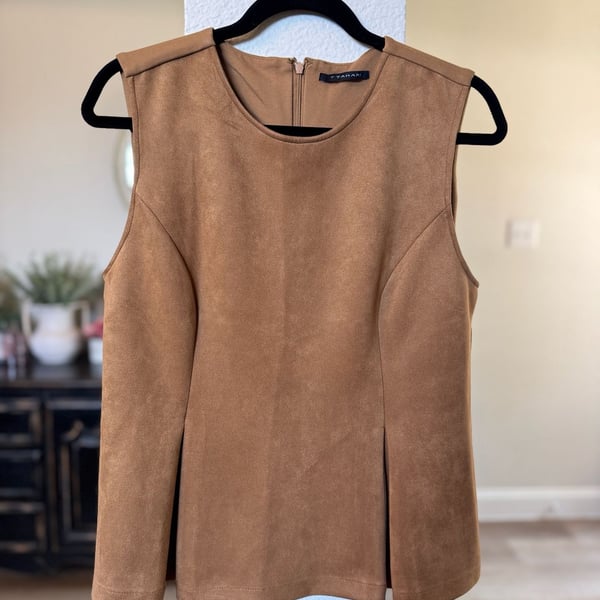 T Tahari Faux Suede Peplum Sleeveless Top Brown